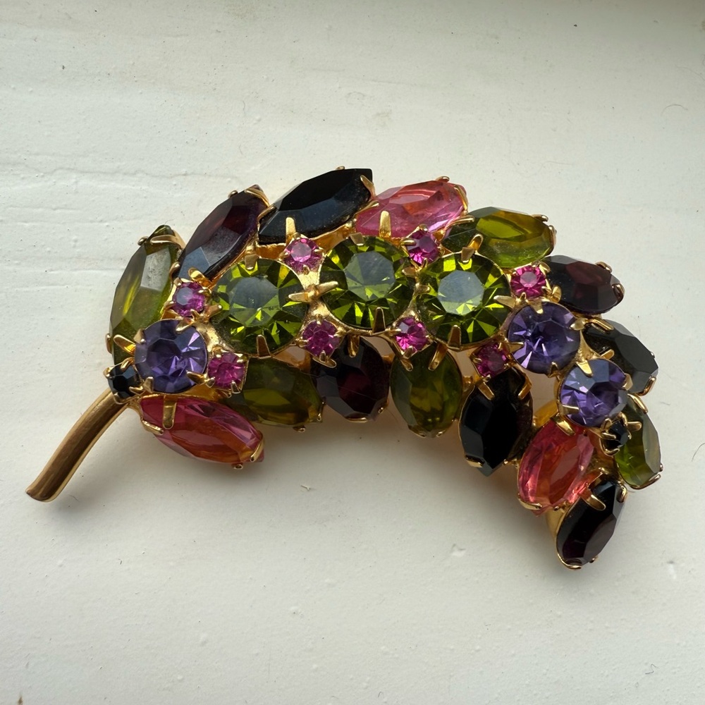 Juliana Green and Pink Rhinestone Floral Gold tone Brooch